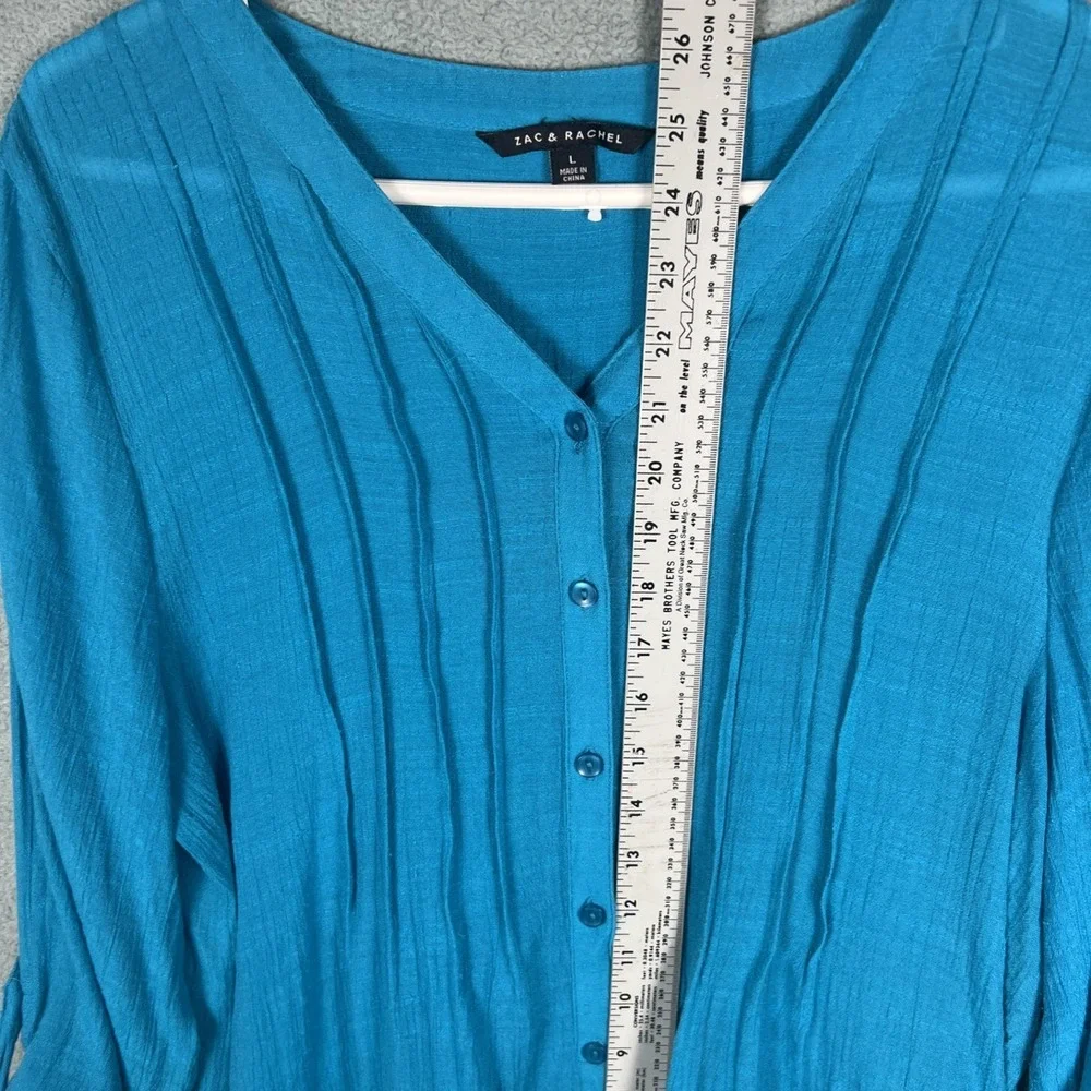 Zac & Rachel Teal Blouse Pleated Front Lace Hem Button Up Women L - Picture 5 of 8